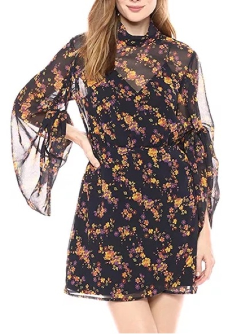 C/MEO Collective Moody Floral Sheer Dramatic Sleeve Mini Dress Medium